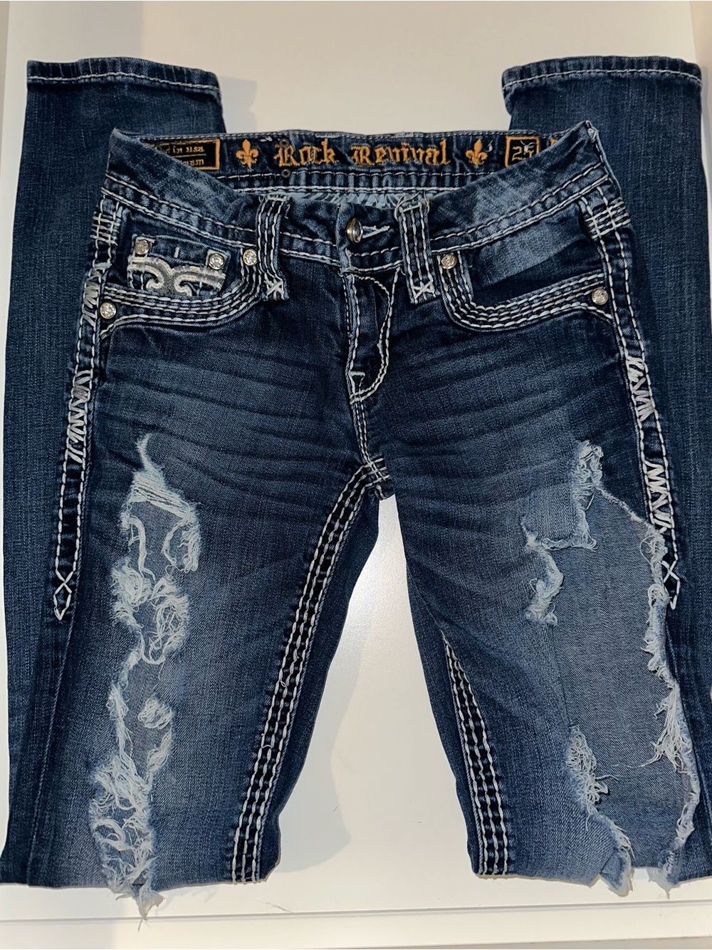 Rock Revival Felicia Slim Straight Distressed Low Rise Jeans Sz 25 Y2K Grunge